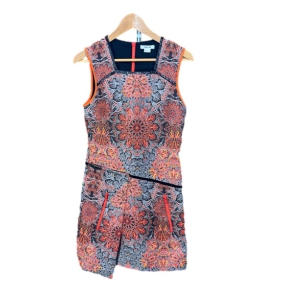Helmut Lang Asymmetric Neon Orange Floral Medallion Jacquard Printed Mini Dress - Picture 4 of 6